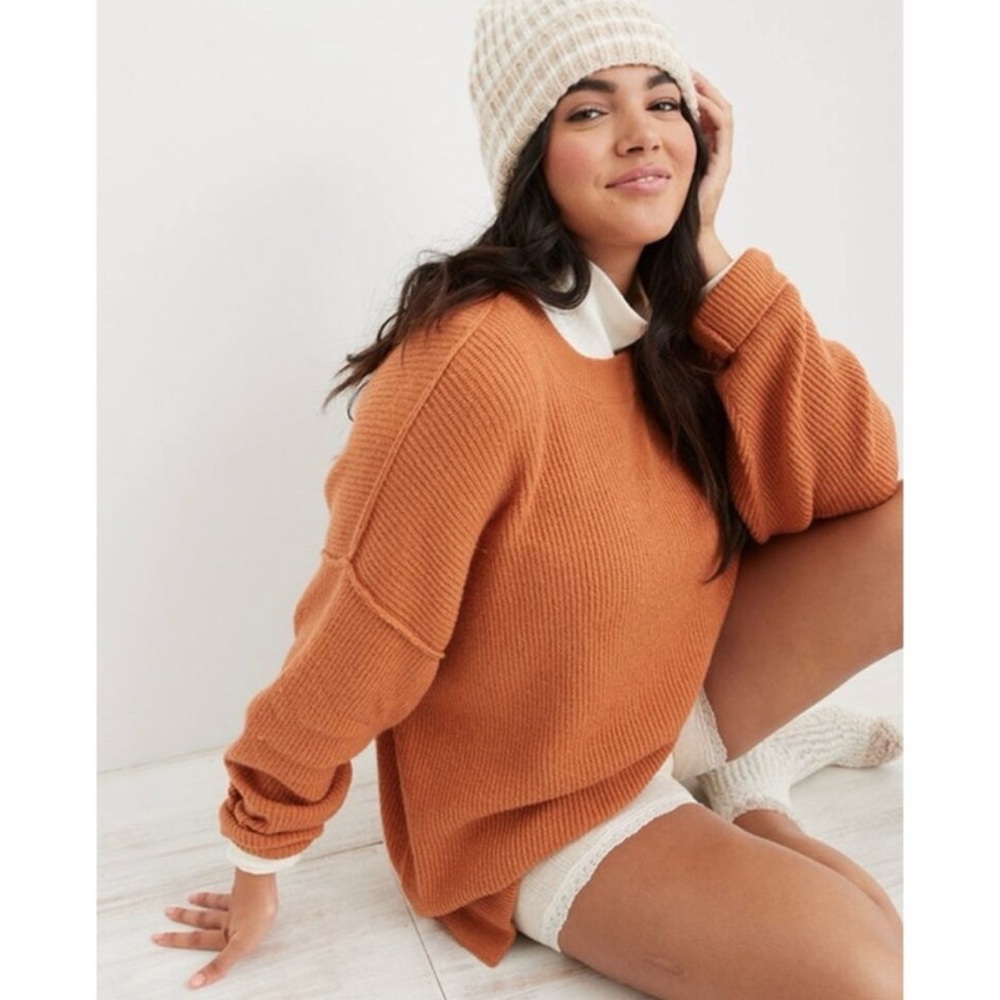 Women’s Preppy Aerie Sz XS Burnt Orange Ribbed Crewneck Sweater Pullover Preppy